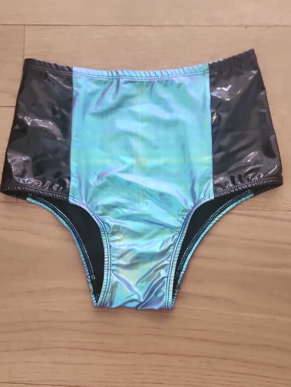 High-Waist Iridescent Aqua and Black Swim Bottoms